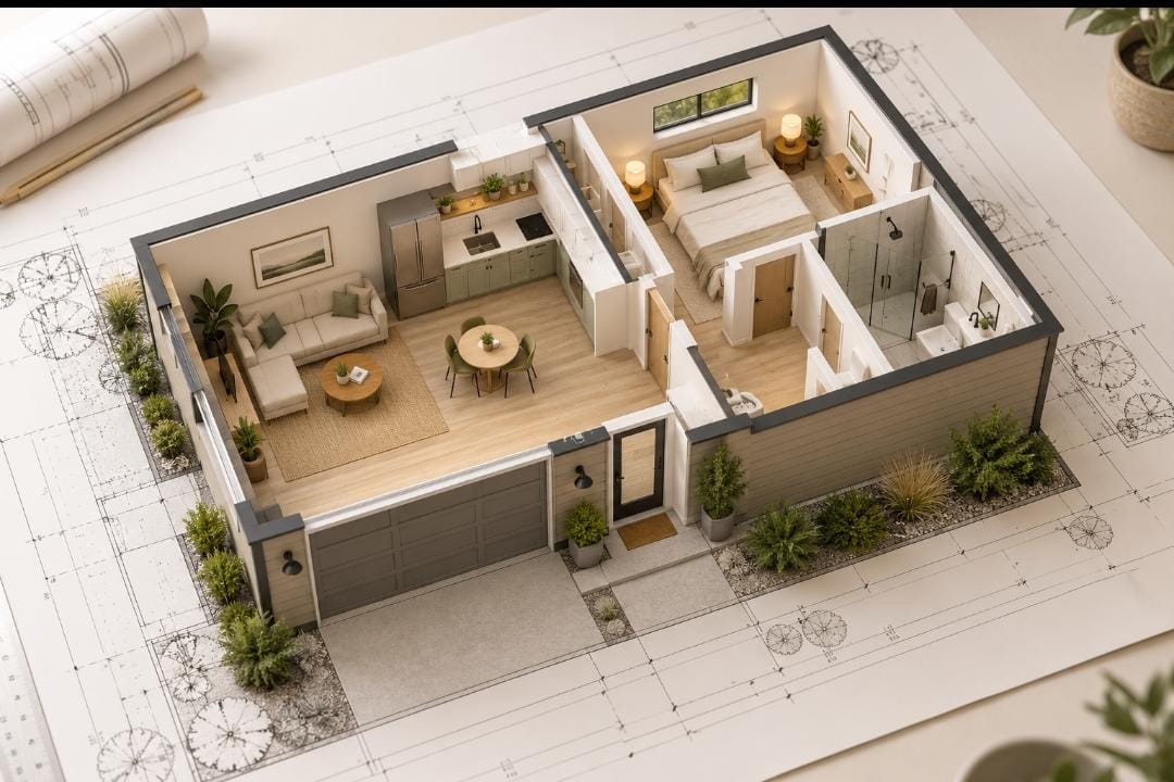 3D cutaway of an ADU floor plan with living room, kitchen, bedroom and bathroom