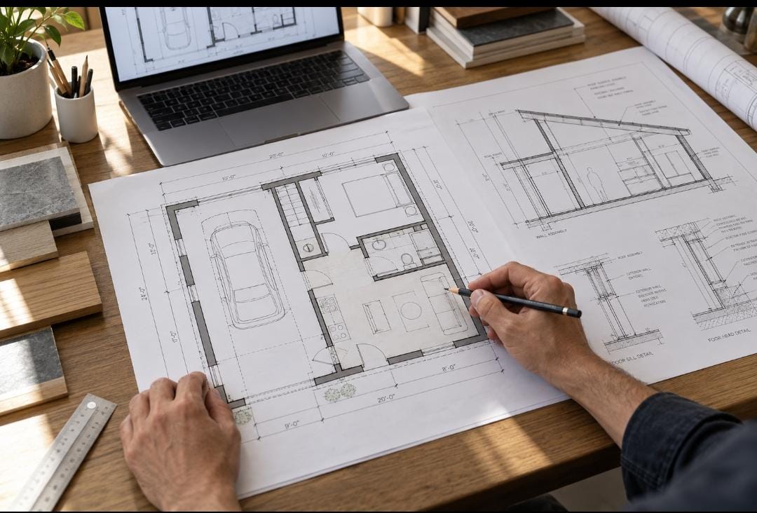 Floor plan for a garage and living unit being drawn on a desk