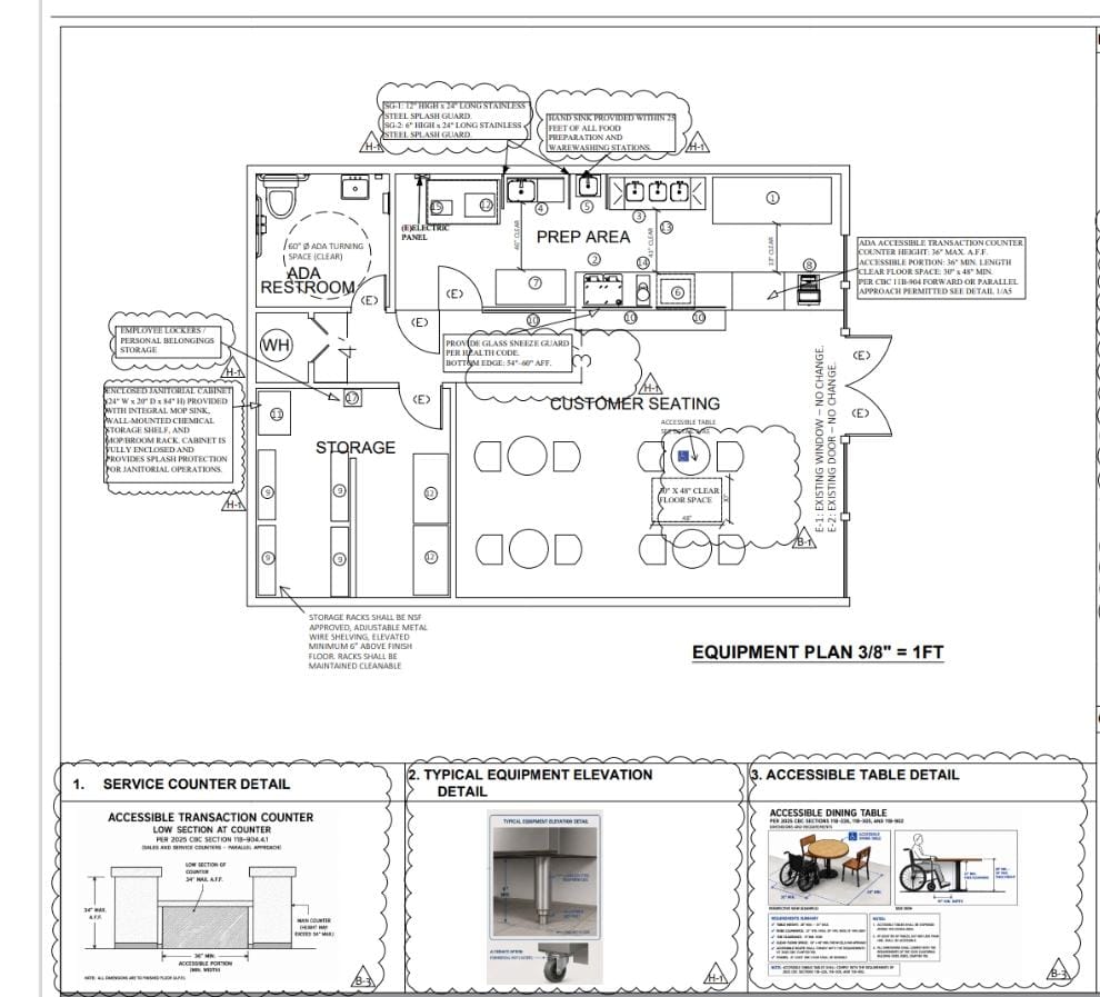 Café equipment plan with prep area, ADA restroom and accessible counter details