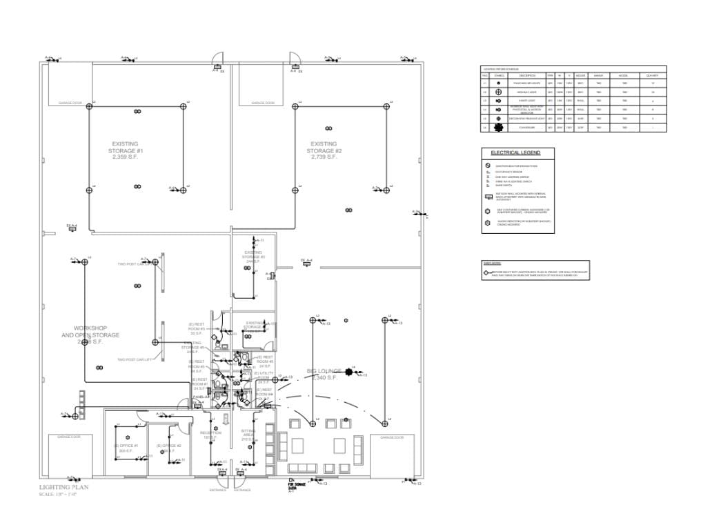 Commercial lighting plan with fixture schedule and electrical legend