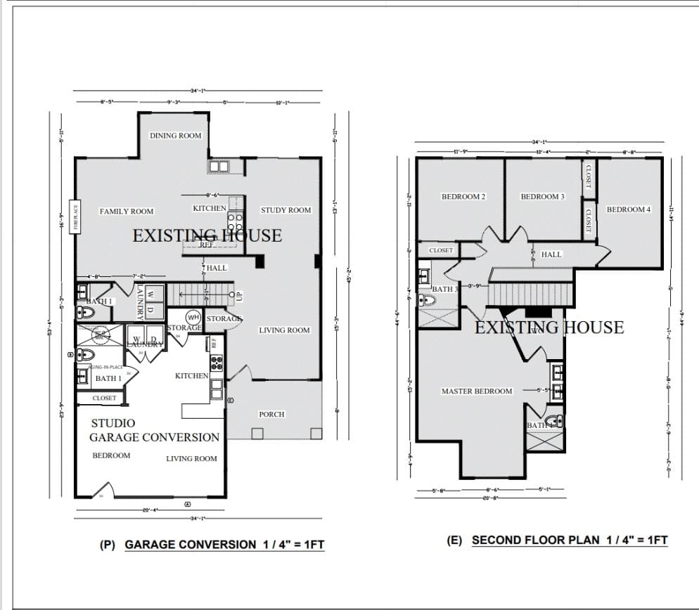 Floor plans showing a garage converted into a studio and the existing second floor