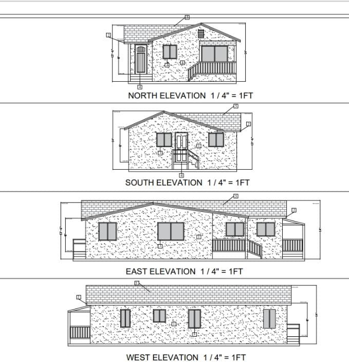 North, south, east and west elevations of a new single-story home