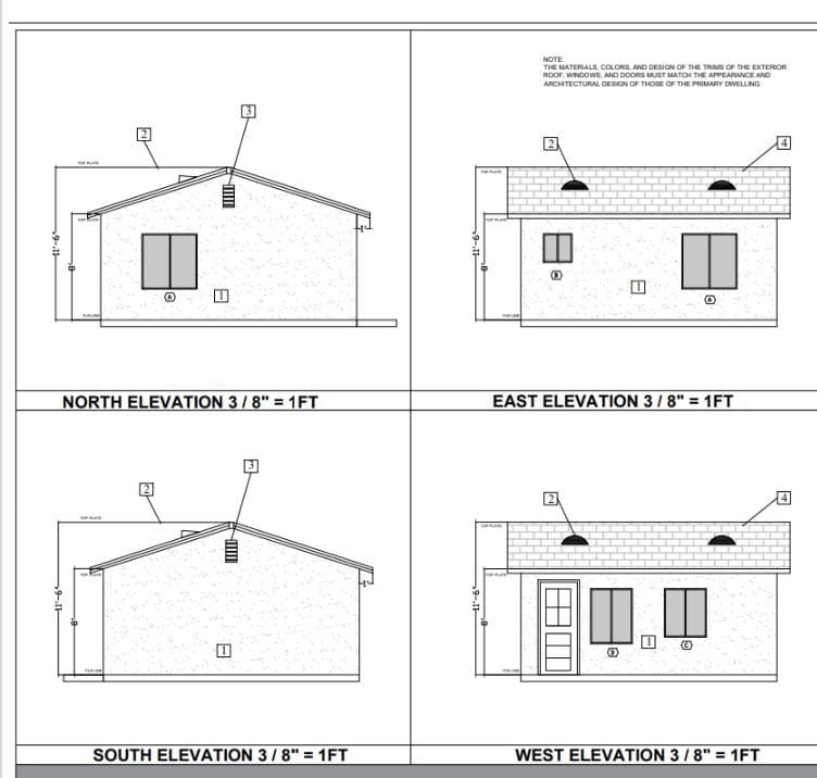 Elevations of a small detached unit designed to match the primary home