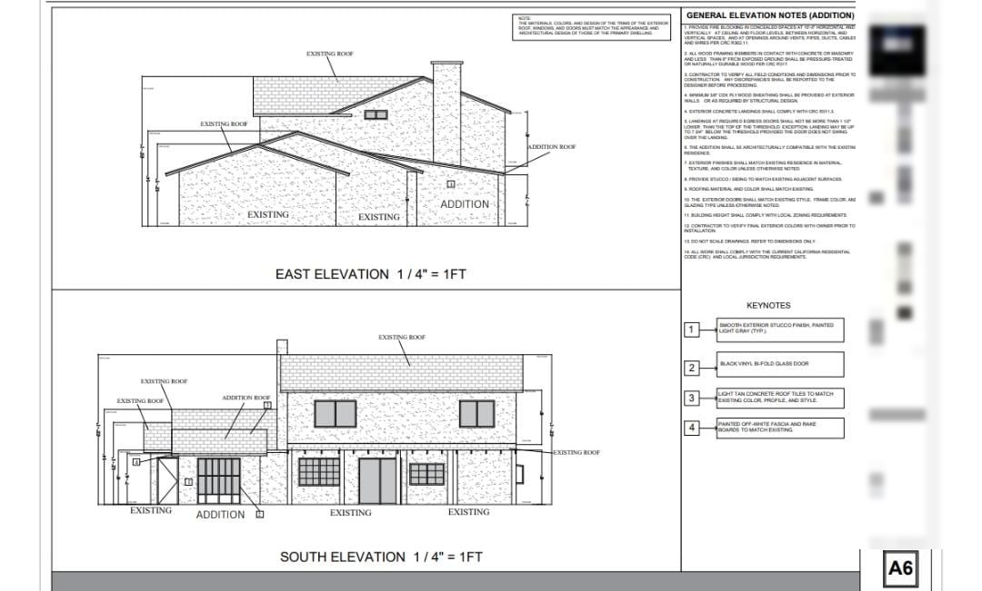 East and south elevations of a single-story addition to a two-story home