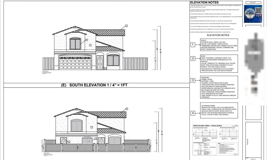 Elevation sheet for converting the garage of a two-story home into an ADU