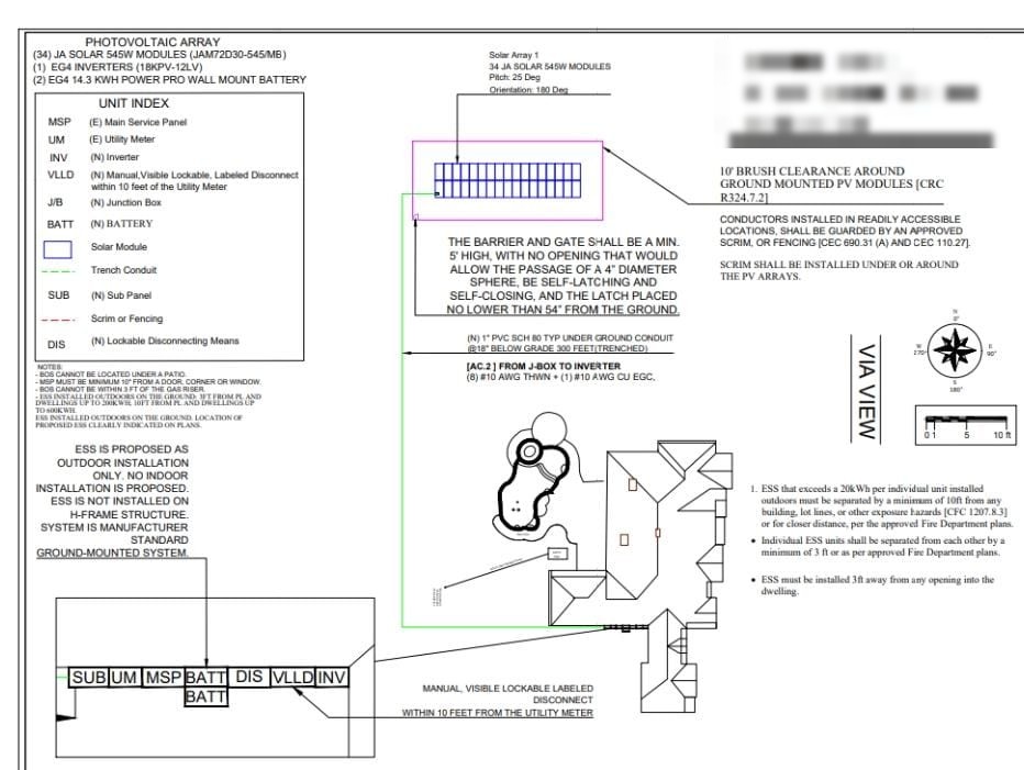 Solar PV site plan with equipment and battery storage locations